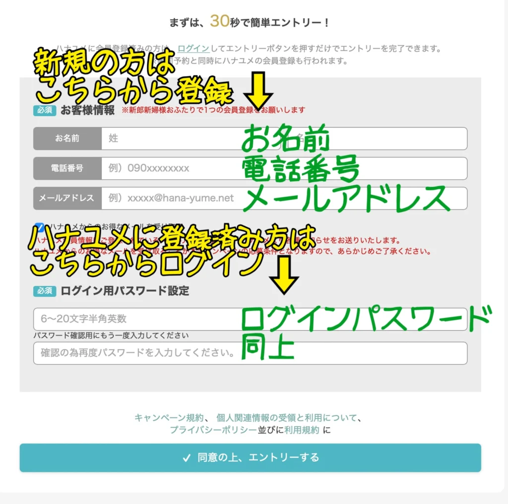 ①キャンペーンにエントリーとハナユメに登録する方法
