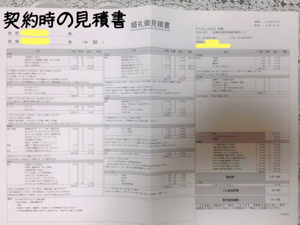 【総費用】アニヴェルセル大阪の契約時と最終見積もり費用の差額