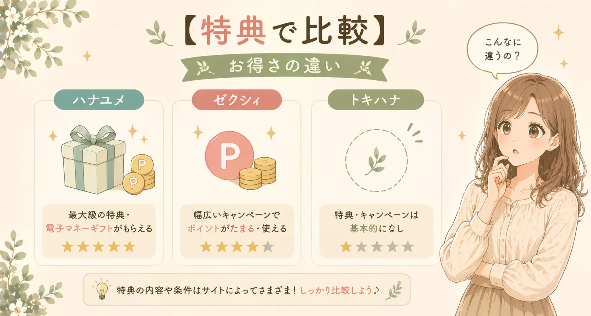 特典で比較｜ハナユメ・ゼクシィ・トキハナ