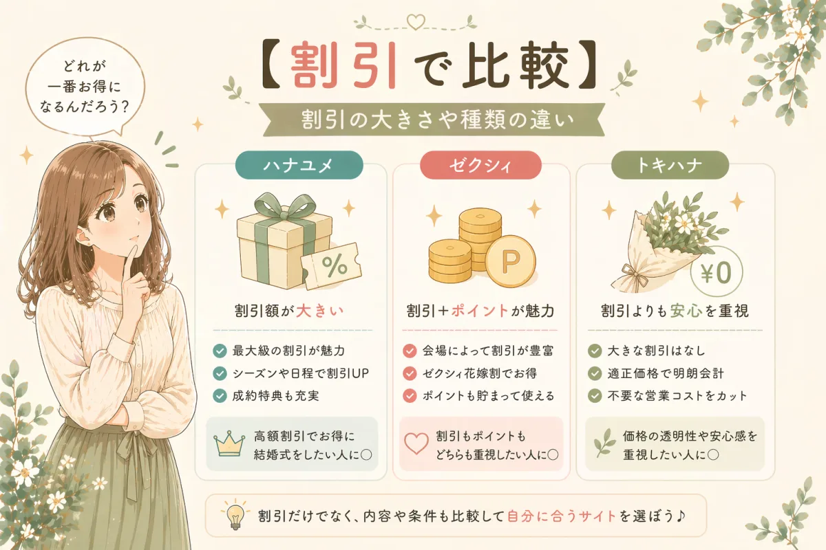 割引で比較｜ハナユメ・ゼクシィ・トキハナ