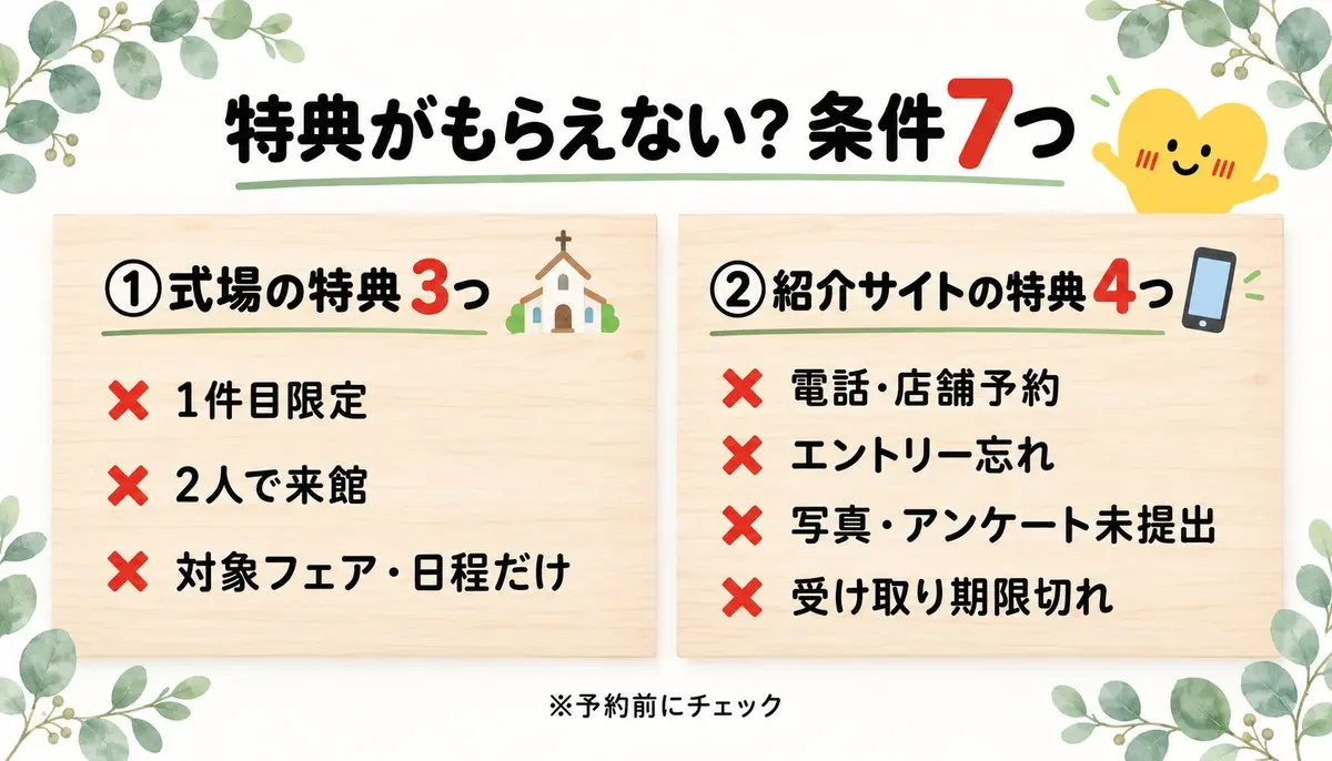 特典がもらえない?条件7つ。①式場の特典3つ(1件目限定・2人で来館・対象フェア日程だけ)②紹介サイトの特典4つ(電話店舗予約・エントリー忘れ・写真アンケート未提出・受け取り期限切れ)
