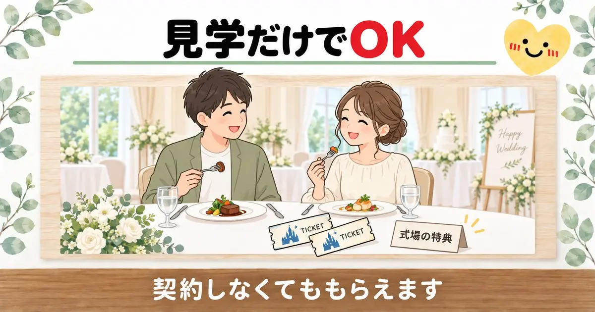見学だけでOK。ブライダルフェアで試食を楽しむカップルと、テーブルの上のペアチケット2枚と式場の特典タグ。契約しなくてももらえます