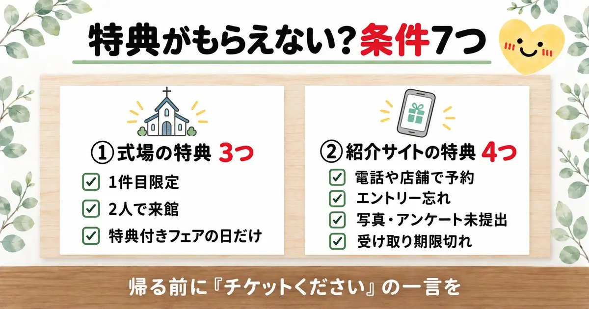 特典がもらえない?条件7つ。①式場の特典3つ(1件目限定・2人で来館・特典付きフェアの日だけ)②紹介サイトの特典4つ(電話や店舗で予約・エントリー忘れ・写真アンケート未提出・受け取り期限切れ)。帰る前に「チケットください」の一言を