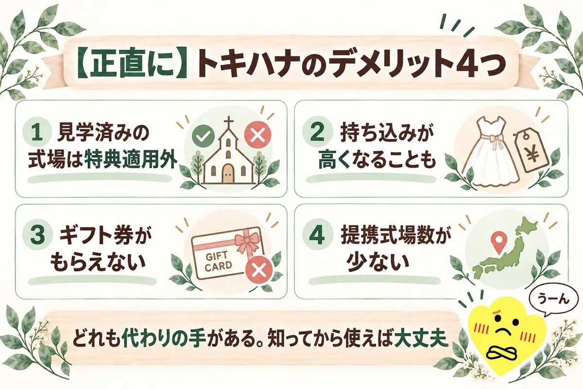 正直に|トキハナのデメリット4つ。見学済みの式場は特典適用外・持ち込みが高くなることも・ギフト券がもらえない・提携式場数が少ない。どれも代わりの手がある