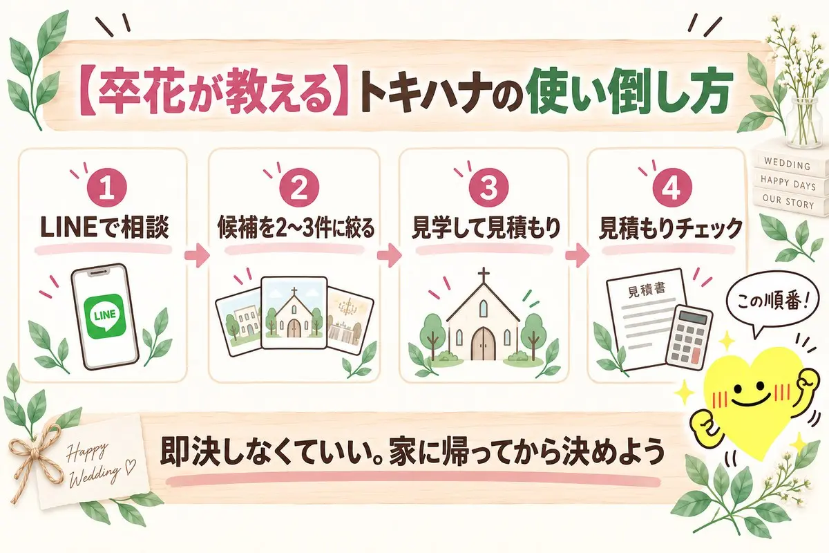 卒花が教えるトキハナの使い倒し方4ステップ。LINEで相談→候補を2〜3件に絞る→見学して見積もり→見積もりチェック