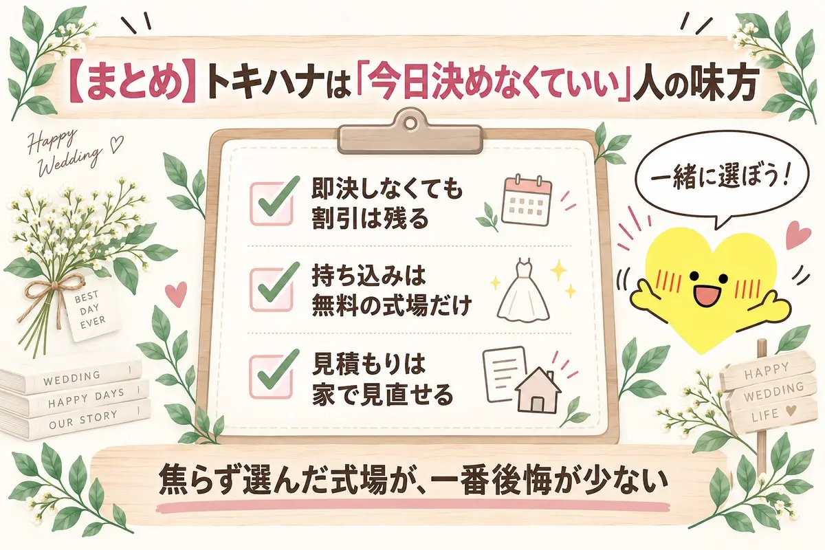 まとめ|トキハナは今日決めなくていい人の味方。即決しなくても割引は残る・持ち込みは無料の式場だけ・見積もりは家で見直せる